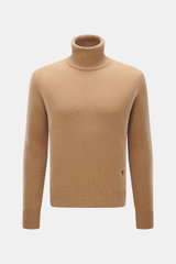 Front view of Ami Paris Cashmere Turtleneck Sweater Light Brown, featuring cashmere with wool content, soft touch, medium fine knit pattern, regular fit, fitted turtleneck, logo stitching on hem, and comfortable ribbed cuffs.