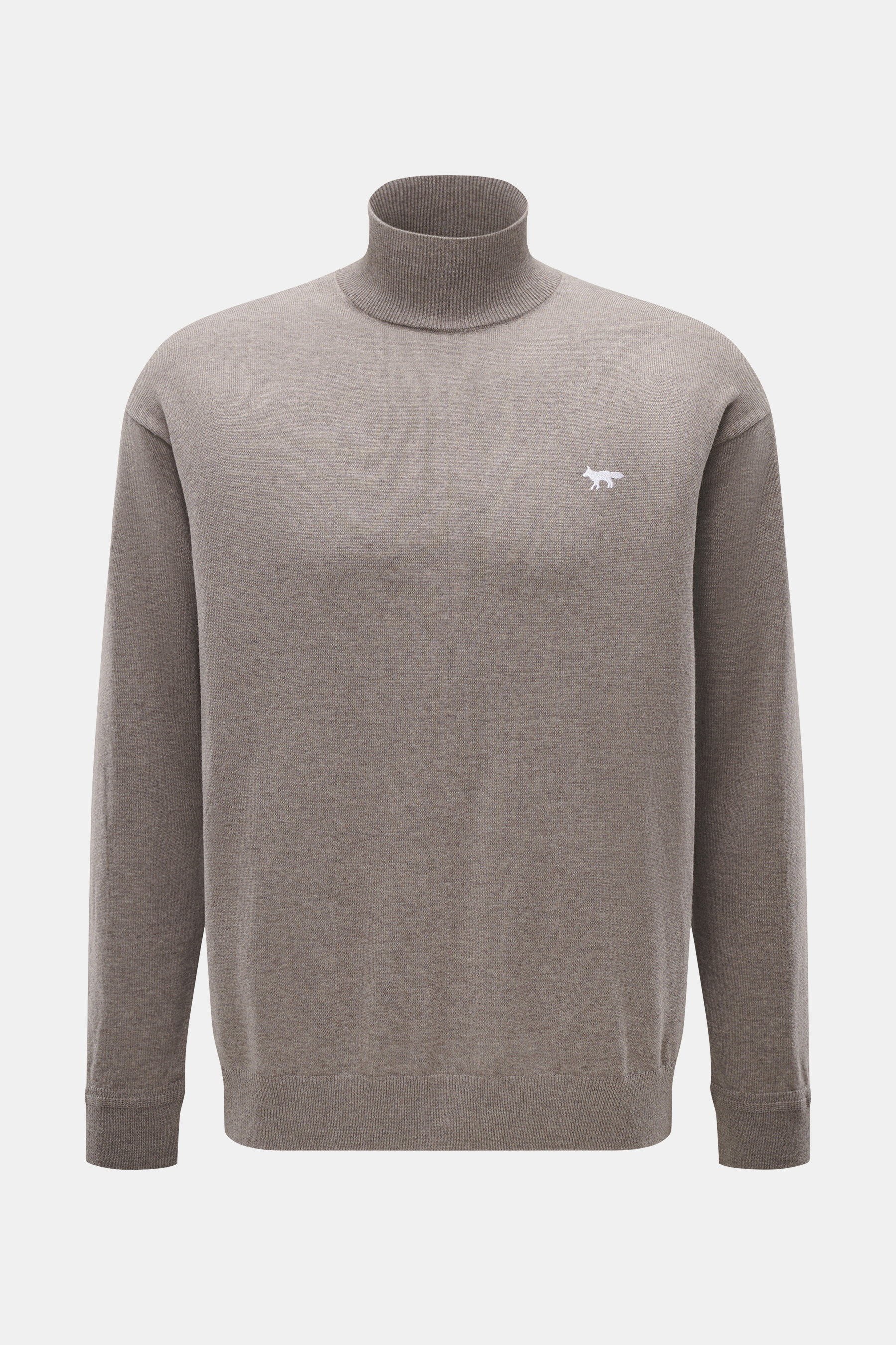 Maison Kitsuné Turtleneck Sweater 'Profile Fox' taupe melange shown front view, lightweight wool with high collar and fox stitch.  
<p>Cool essential by MAISON KITSUNÉ: With the typical fox stitching on the chest, this lightweight turtleneck sweater made 