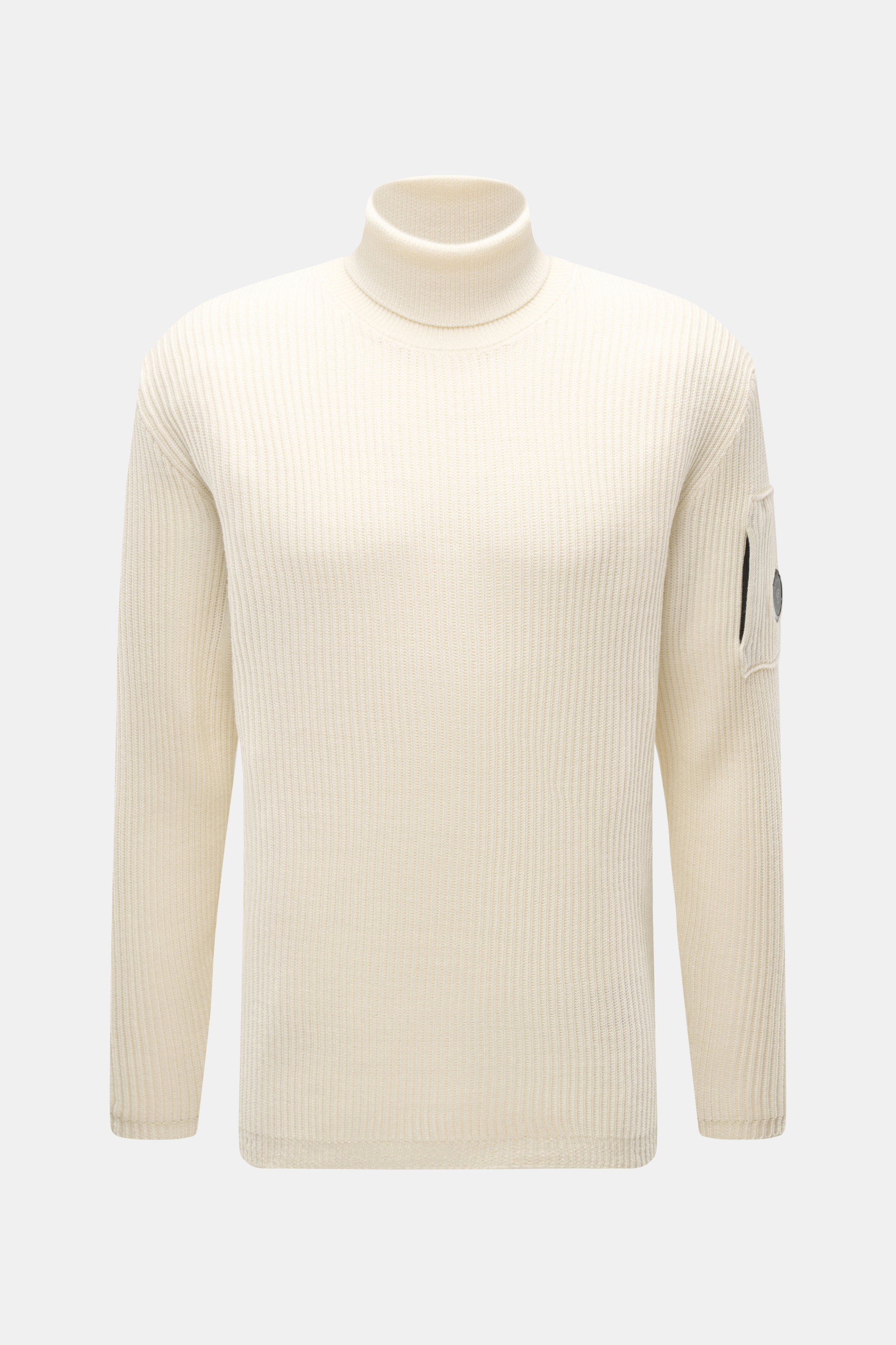 Front view of C.P. Company Turtleneck sweater cream, knit from virgin wool and microfiber, slim fit with soft feel, medium-fine knit, rib stitch, close turtleneck, zippered upper arm pocket, lens detail, and flexible rib cuffs.