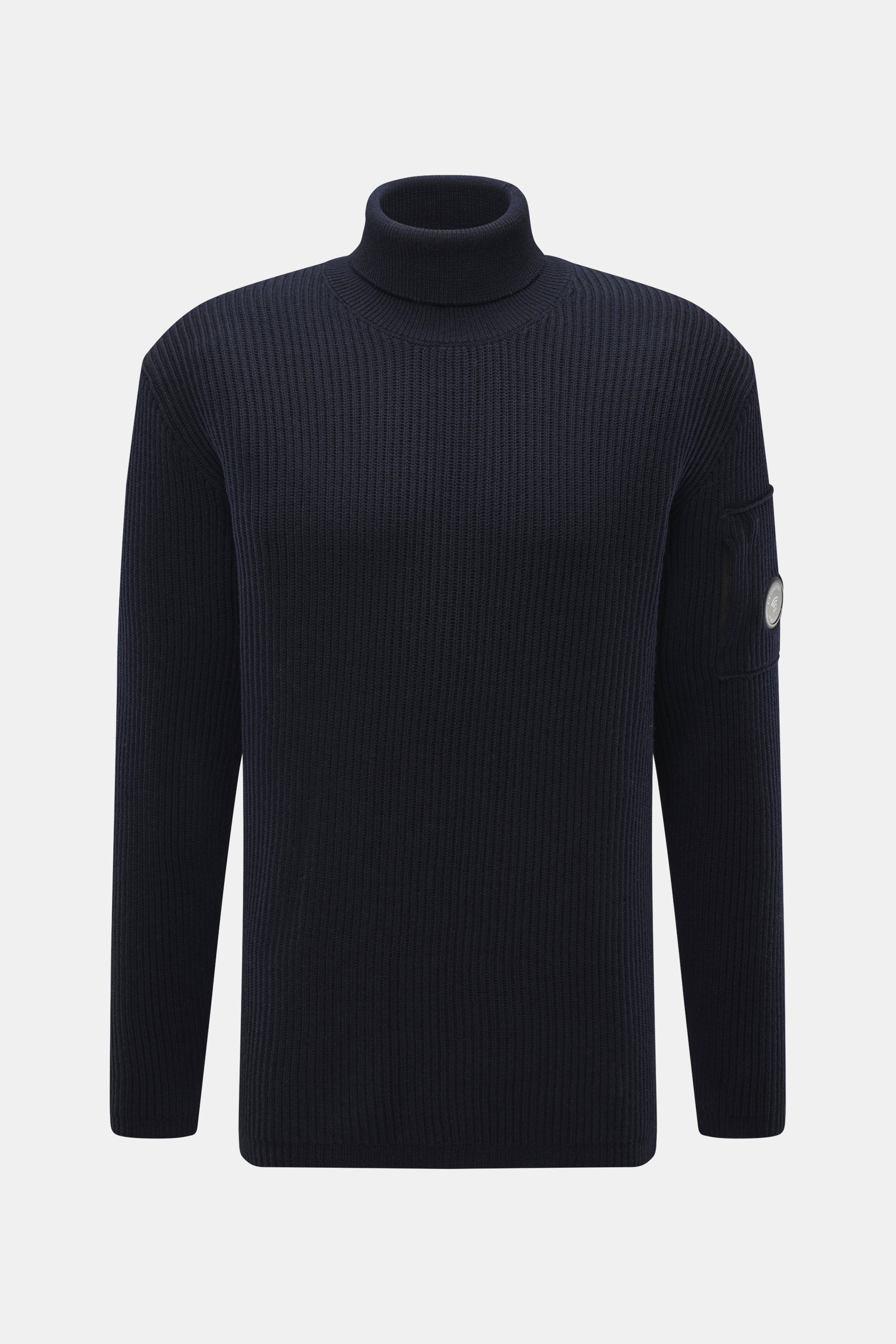 Front view of C.P. Company Turtleneck sweater navy, knit from virgin wool and microfiber, soft feel, medium-fine knit, rib stitch, slim fit, close turtleneck, zippered upper arm pocket, lens detail, flexible rib cuffs.