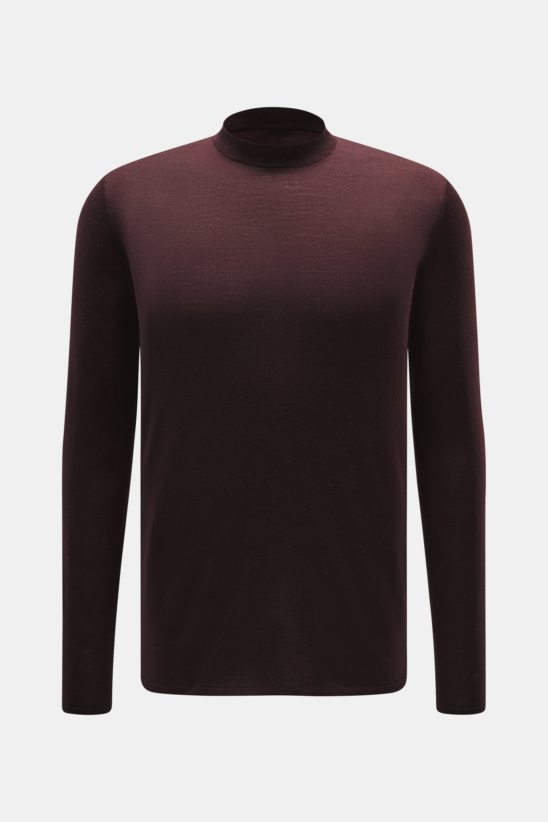 Kiefermann Merino Feinstrick-Pullover 'Malt' bordeaux, Slim Fit, reine Merinowolle, superweicher Griff, feines Strickbild, hoher Rundhalsausschnitt, elastische Ärmelabschlüsse, Frontansicht.