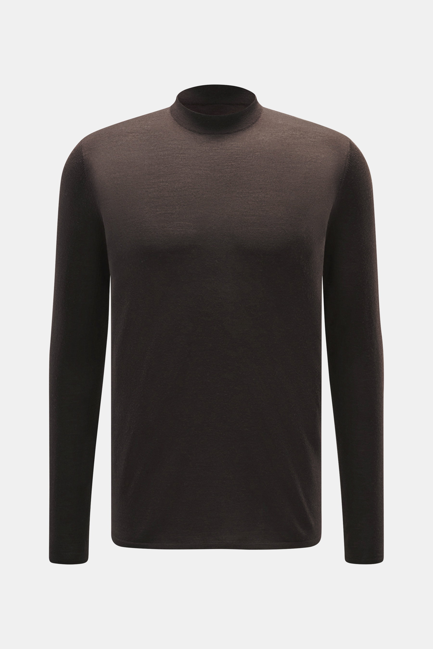 Kiefermann Merino Feinstrick-Pullover 'Malt' dunkelbraun, Slim Fit, reine Merinowolle, superweicher Griff, feines Strickbild, hoher Rundhalsausschnitt, elastische Ärmelabschlüsse, frontale Perspektive.