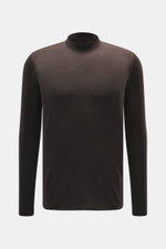Front view of Kiefermann Merino Fine Knit Sweater 'Malt' dark brown, pure merino wool, super soft touch, very fine knit pattern, slim fit, high crew neckline, elastic sleeve cuffs.