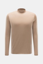 Front view of Kiefermann Merino Fine Knit Sweater 'Malt' light brown, pure merino wool, super soft touch, fine knit, slim fit, high crew neckline, elastic sleeve cuffs.