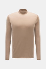 Front view of Kiefermann Merino Fine Knit Sweater 'Malt' light brown, pure merino wool, super soft touch, fine knit, slim fit, high crew neckline, elastic sleeve cuffs.