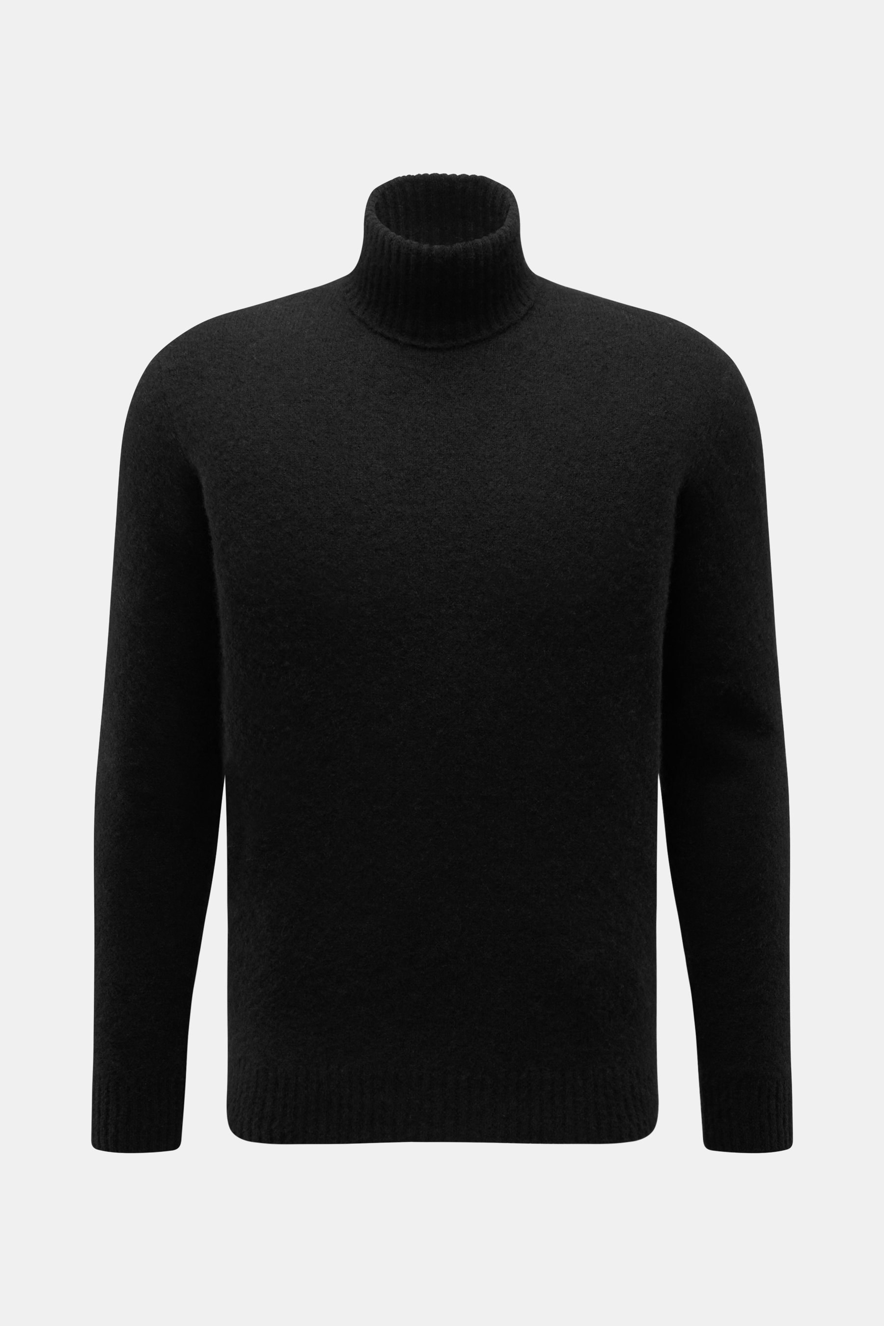 Filippo de Laurentiis Rollkragenpullover schwarz, frontale Nahaufnahme, Slim Fit, mittelfeines Strickbild, weicher Griff, Mix aus Cashmere, Seide, Microfaser, anliegender Rollkragen, flexible Rippbündchen.