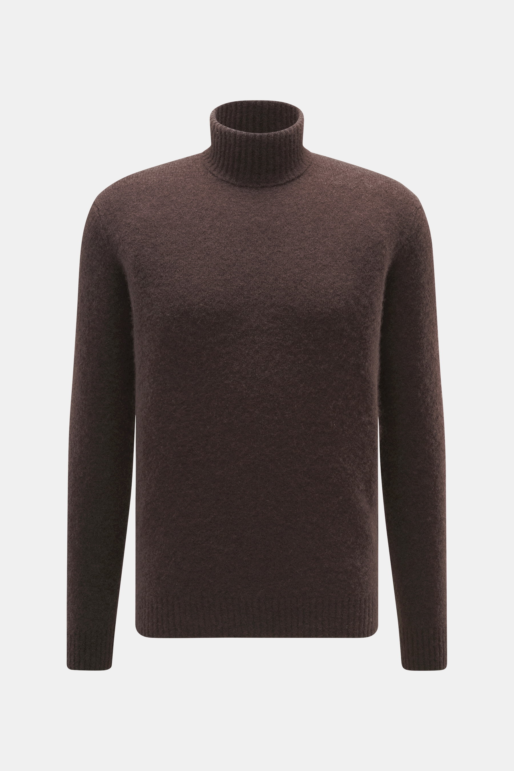 Filippo de Laurentiis Rollkragenpullover dunkelbraun, Nahaufnahme frontal, Slim Fit, mittelfeines Strickbild, anliegender Rollkragen, flexible Rippbündchen, Mix aus Cashmere, Seide und Microfaser, weicher Griff.