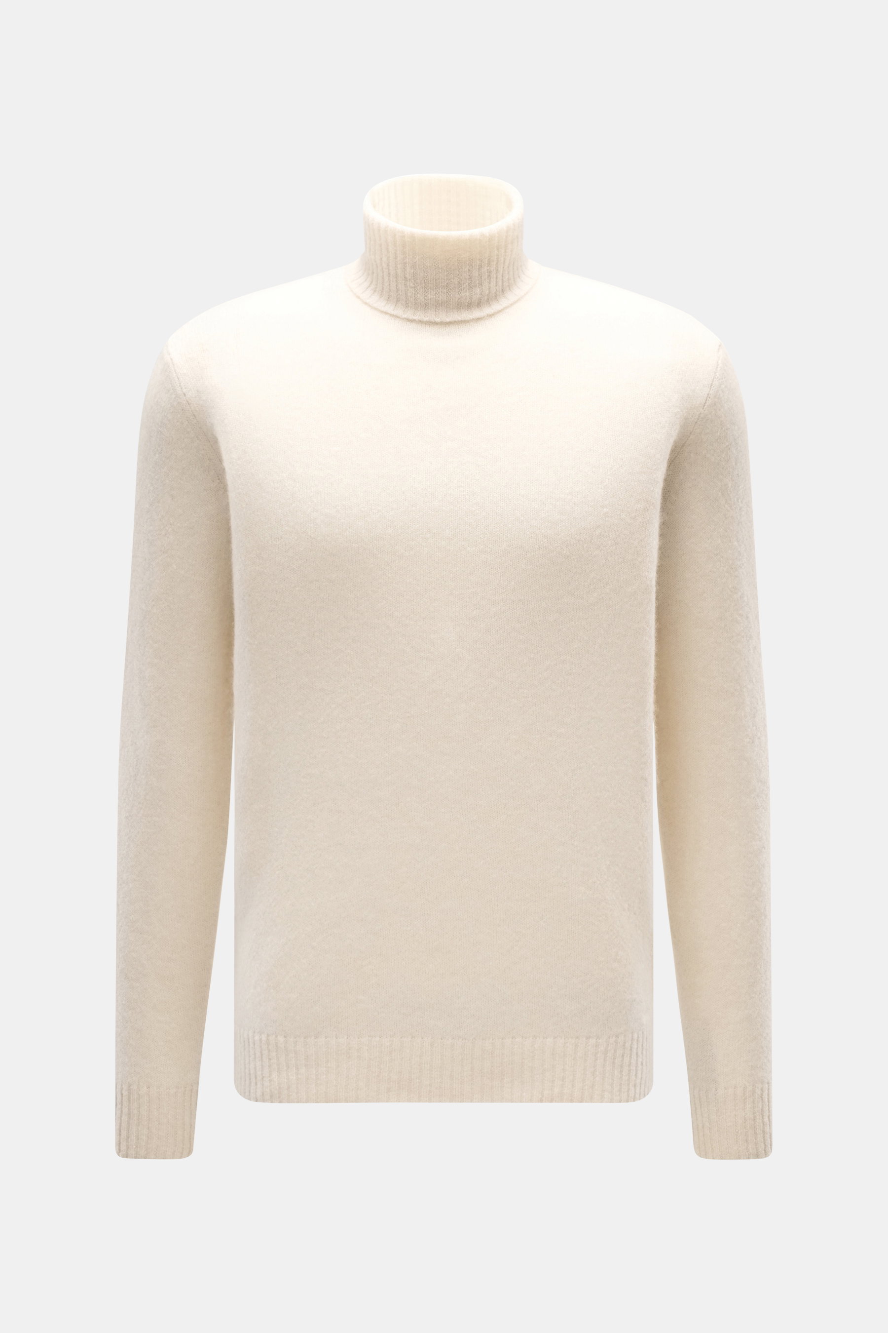 Filippo de Laurentiis Rollkragenpullover creme, frontale Nahaufnahme, Slim Fit, mittelfeines Strickbild, weicher Griff, Rollkragen, Rippbündchen, Mix aus Cashmere, Seide, Microfaser.