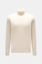 Filippo de Laurentiis Rollkragenpullover creme, frontale Nahaufnahme, Slim Fit, mittelfeines Strickbild, weicher Griff, Rollkragen, Rippbündchen, Mix aus Cashmere, Seide, Microfaser.