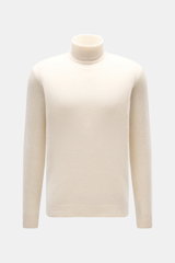 Filippo de Laurentiis Rollkragenpullover creme, frontale Nahaufnahme, Slim Fit, mittelfeines Strickbild, weicher Griff, Rollkragen, Rippbündchen, Mix aus Cashmere, Seide, Microfaser.