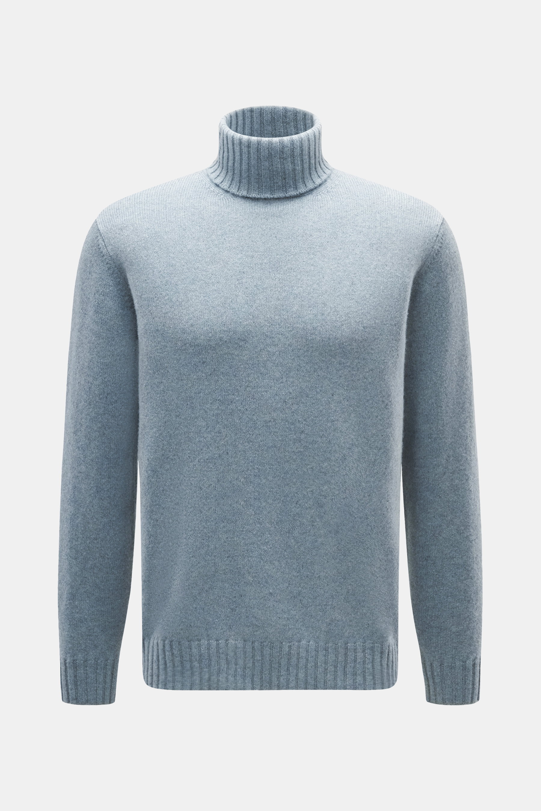 Filippo de Laurentiis Cashmere Rollkragenpullover rauchblau, feiner Strick, Regular Fit, weicher Griff, Rippstrick-Rollkragen, flexible Bündchen, frontal fotografiert.