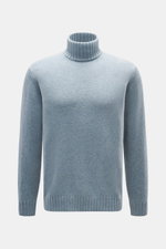 Filippo de Laurentiis Cashmere Rollkragenpullover rauchblau, feiner Strick, Regular Fit, weicher Griff, Rippstrick-Rollkragen, flexible Bündchen, frontal fotografiert.
