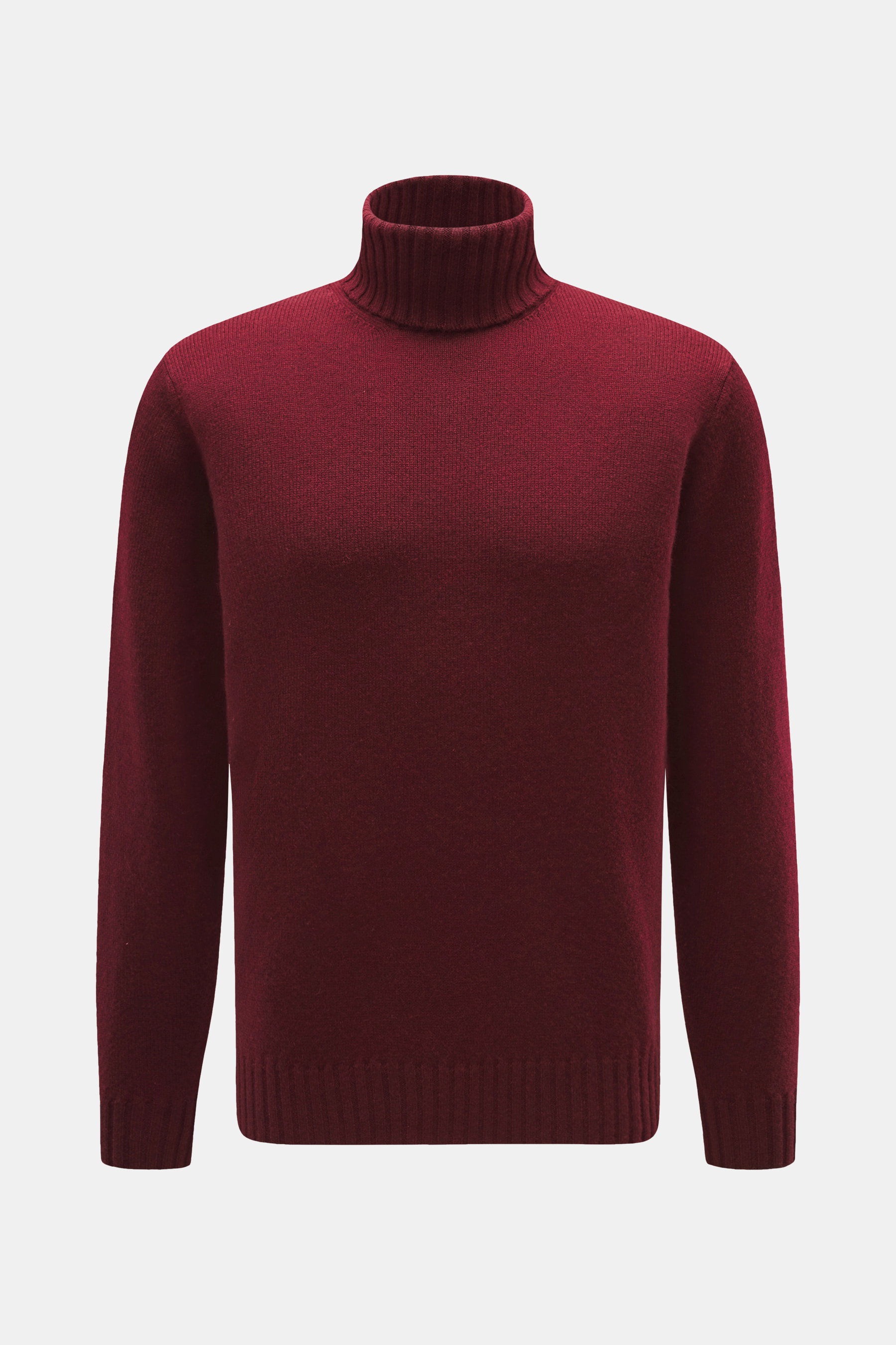 Filippo de Laurentiis Cashmere Rollkragenpullover bordeaux, frontale Nahaufnahme, feiner Strick, 100% Cashmere, Regular Fit, weicher Griff, Rippstrickkragen und Bündchen.