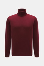 Filippo de Laurentiis Cashmere Rollkragenpullover bordeaux, frontale Nahaufnahme, feiner Strick, 100% Cashmere, Regular Fit, weicher Griff, Rippstrickkragen und Bündchen.