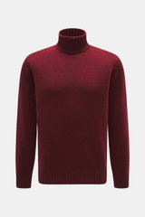Filippo de Laurentiis Cashmere Rollkragenpullover bordeaux, frontale Nahaufnahme, feiner Strick, 100% Cashmere, Regular Fit, weicher Griff, Rippstrickkragen und Bündchen.