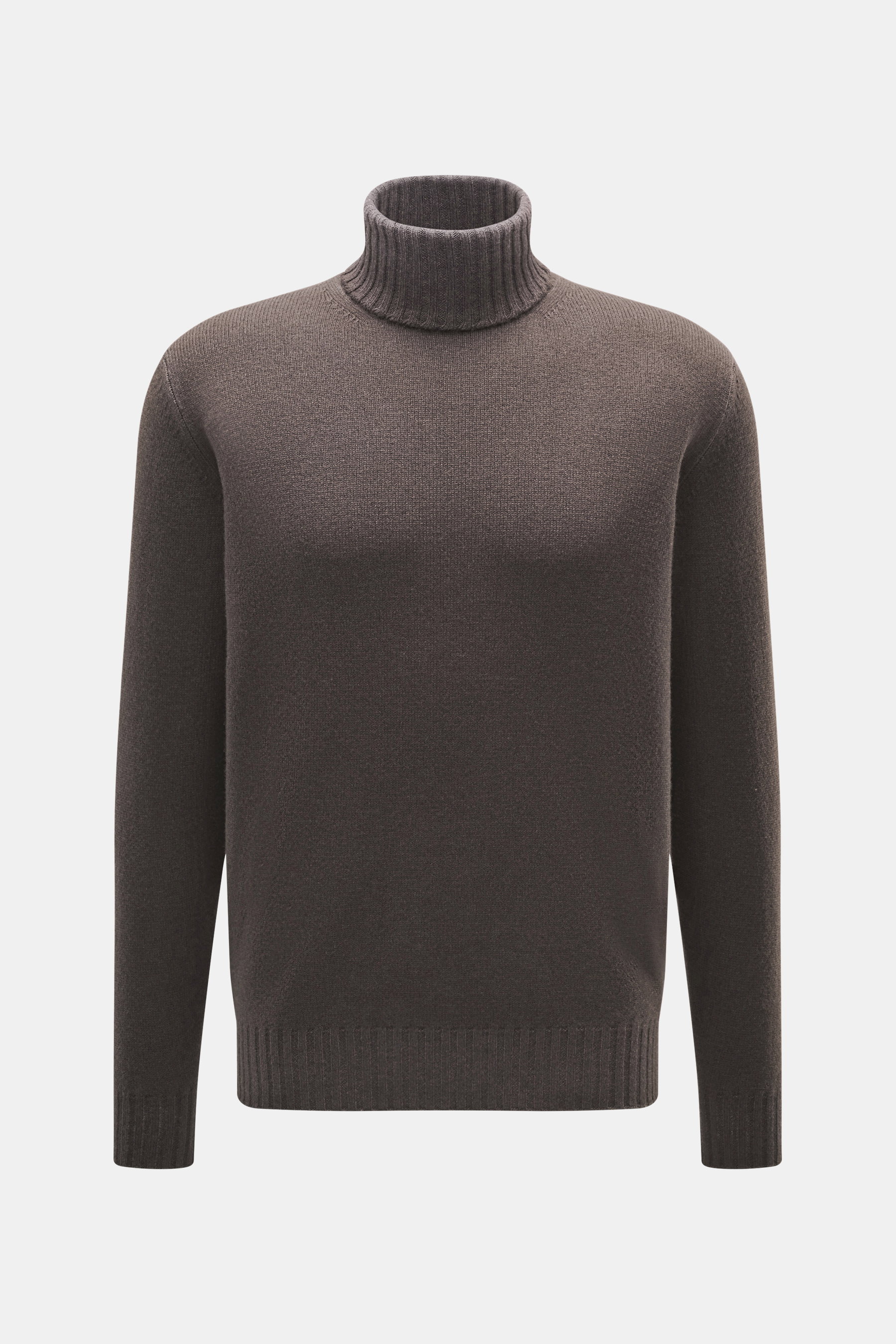 Filippo de Laurentiis Rollkragenpullover dunkelbraun, frontal fotografiert, feines Strickbild, Regular Fit, Super 120'S Wolle mit Cashmere, Rippstrickkragen und Bündchen.