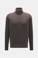 Filippo de Laurentiis Rollkragenpullover dunkelbraun, frontal fotografiert, feines Strickbild, Regular Fit, Super 120'S Wolle mit Cashmere, Rippstrickkragen und Bündchen.