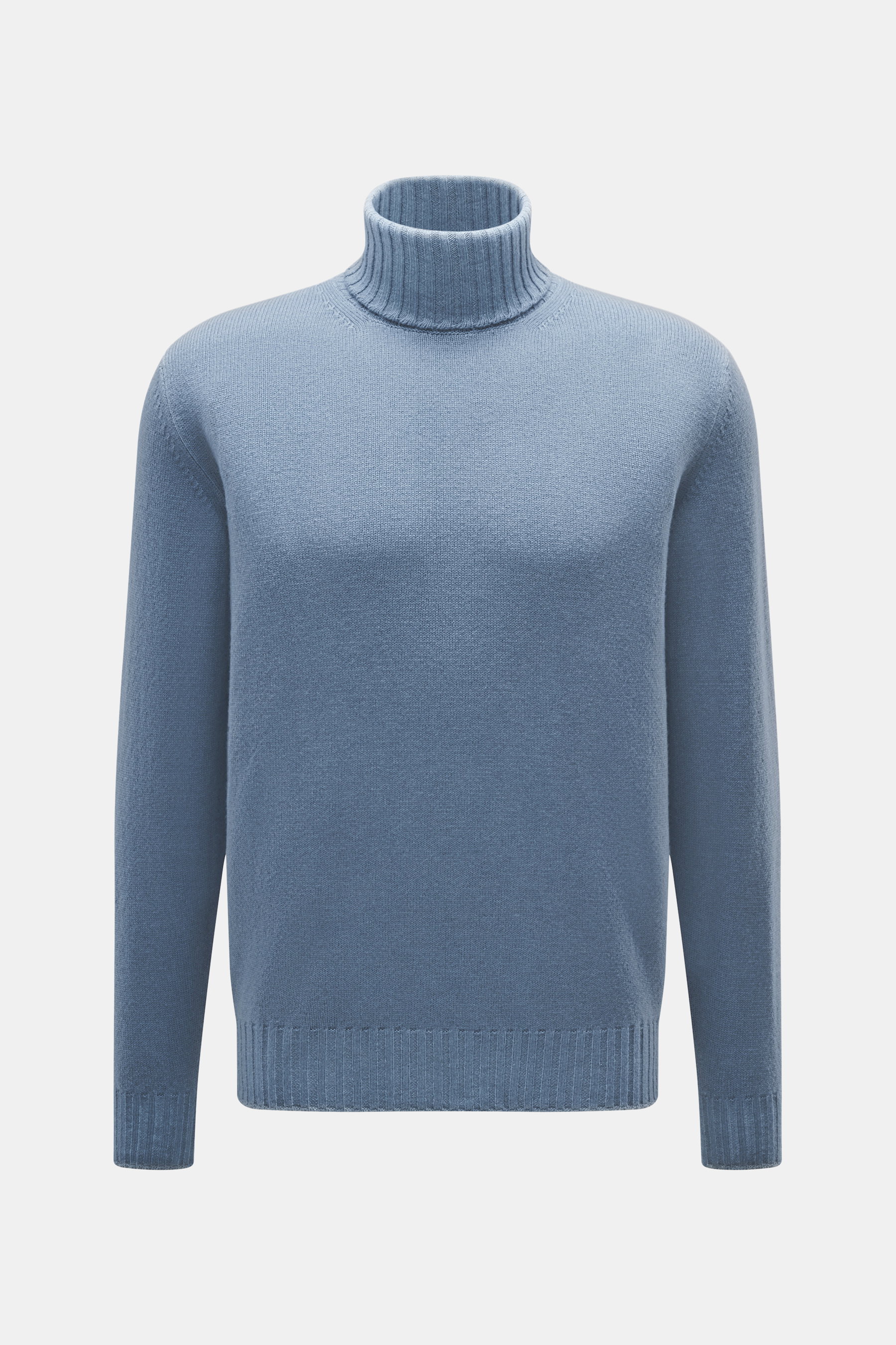 Frontansicht des rauchblauen Filippo de Laurentiis Rollkragenpullovers aus Super 120'S Wolle und Cashmere mit feinem Strickbild.