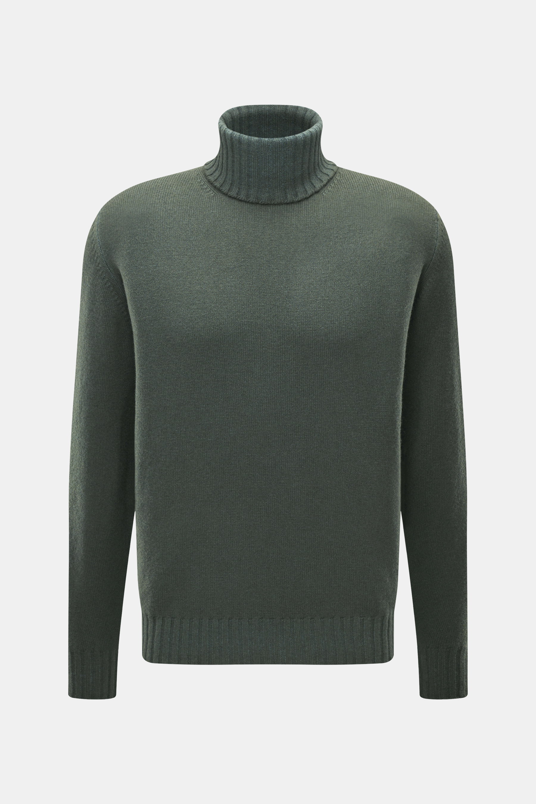Filippo de Laurentiis Rollkragenpullover dunkelgrün, frontale Nahaufnahme, feiner Strick aus Super 120'S Schurwolle und Cashmere, Regular Fit, weicher Griff, Rippstrickrollkragen und flexible Rippbündchen.