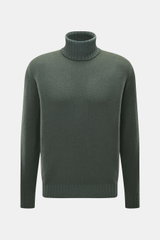 Filippo de Laurentiis Rollkragenpullover dunkelgrün, frontale Nahaufnahme, feiner Strick aus Super 120'S Schurwolle und Cashmere, Regular Fit, weicher Griff, Rippstrickrollkragen und flexible Rippbündchen.