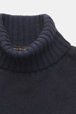 Filippo de Laurentiis Rollkragenpullover navy, Nahaufnahme von oben, feiner Strick, Super 120'S Wolle mit Cashmere, weicher Griff, Regular Fit, Rippstrick.