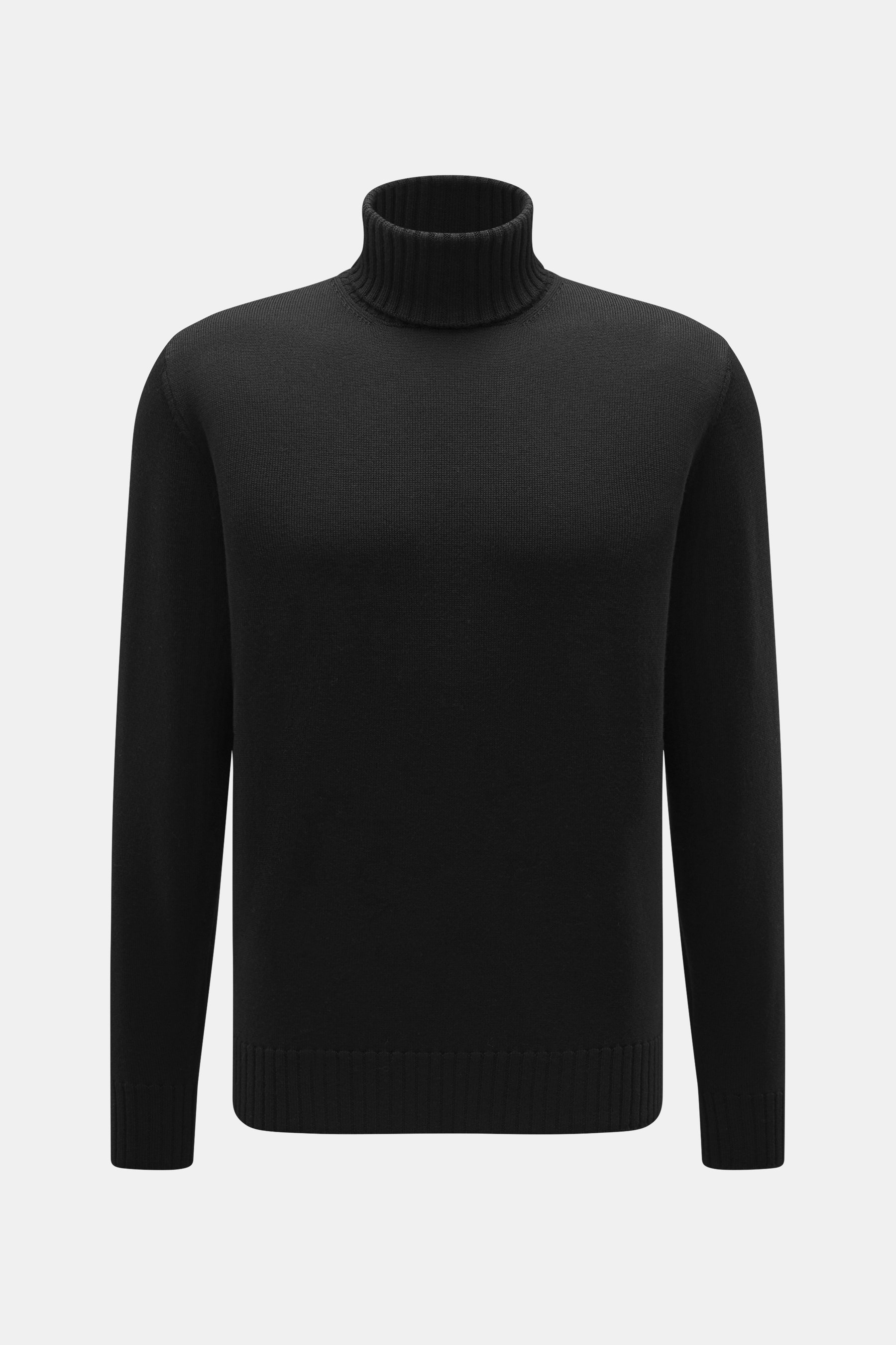 Filippo de Laurentiis Merino Rollkragenpullover schwarz, frontal fotografiert, feiner Strick, reine Merinowolle, weicher Griff, Regular Fit, Rippstrickkragen und flexible Bündchen.