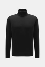 Filippo de Laurentiis Merino Rollkragenpullover schwarz, frontal fotografiert, feiner Strick, reine Merinowolle, weicher Griff, Regular Fit, Rippstrickkragen und flexible Bündchen.