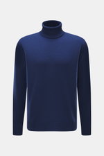 Filippo de Laurentiis Merino Rollkragenpullover dunkelblau, Frontansicht, feines Strickbild, reiner Merinowolle, weicher Griff, Regular Fit, Rippstrick-Rollkragen, flexible Bündchen.