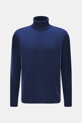Filippo de Laurentiis Merino Rollkragenpullover dunkelblau, Frontansicht, feines Strickbild, reiner Merinowolle, weicher Griff, Regular Fit, Rippstrick-Rollkragen, flexible Bündchen.