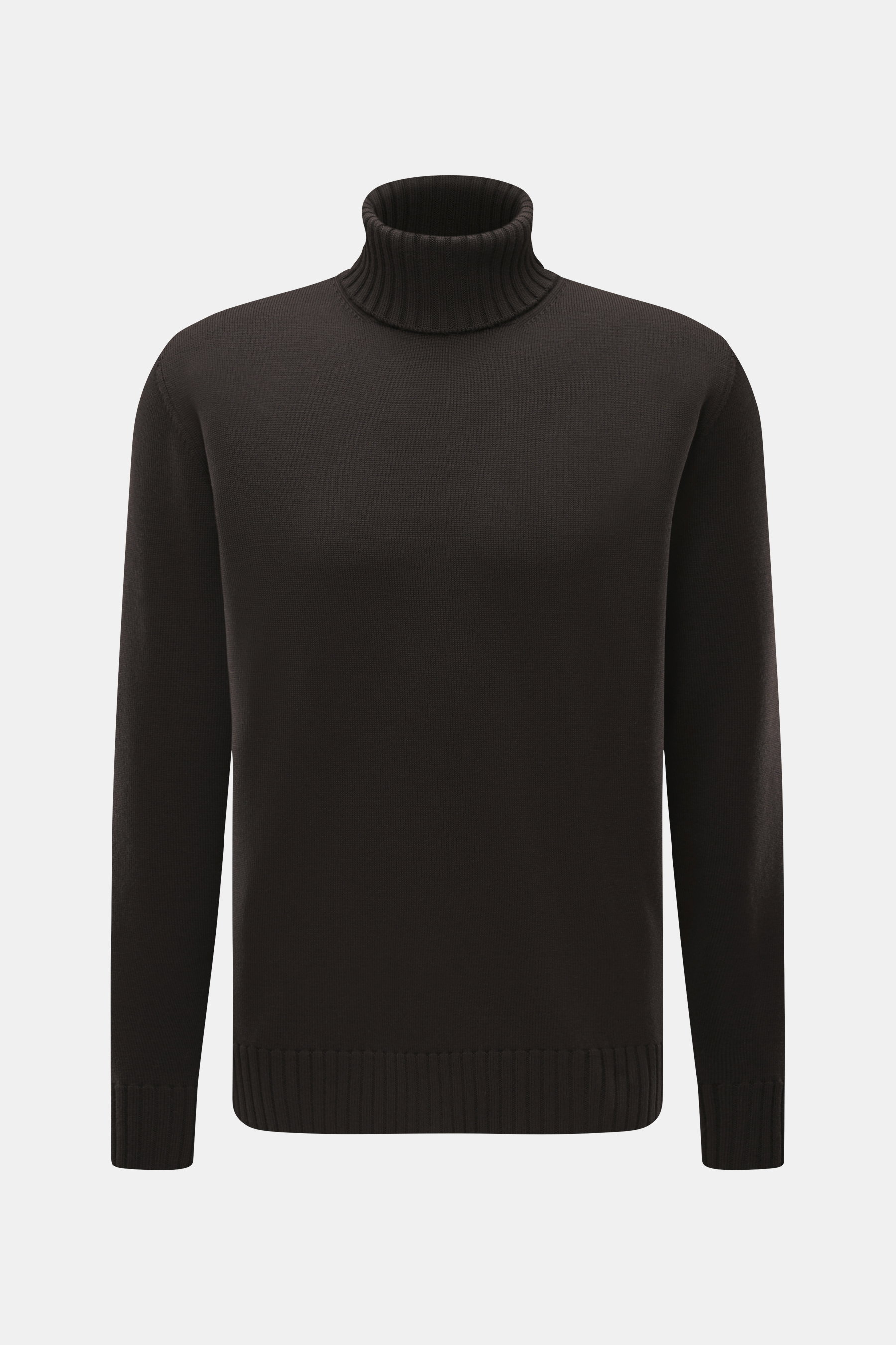 Filippo de Laurentiis Merino Rollkragenpullover dunkelbraun, feines Strickbild, Regular Fit, reine Merinowolle, Frontansicht mit Rippstrick-Rollkragen und flexiblen Bündchen.