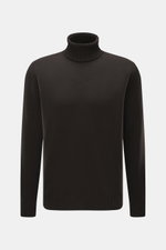 Filippo de Laurentiis Merino Rollkragenpullover dunkelbraun, feines Strickbild, Regular Fit, reine Merinowolle, Frontansicht mit Rippstrick-Rollkragen und flexiblen Bündchen.