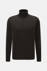 Filippo de Laurentiis Merino Rollkragenpullover dunkelbraun, feines Strickbild, Regular Fit, reine Merinowolle, Frontansicht mit Rippstrick-Rollkragen und flexiblen Bündchen.