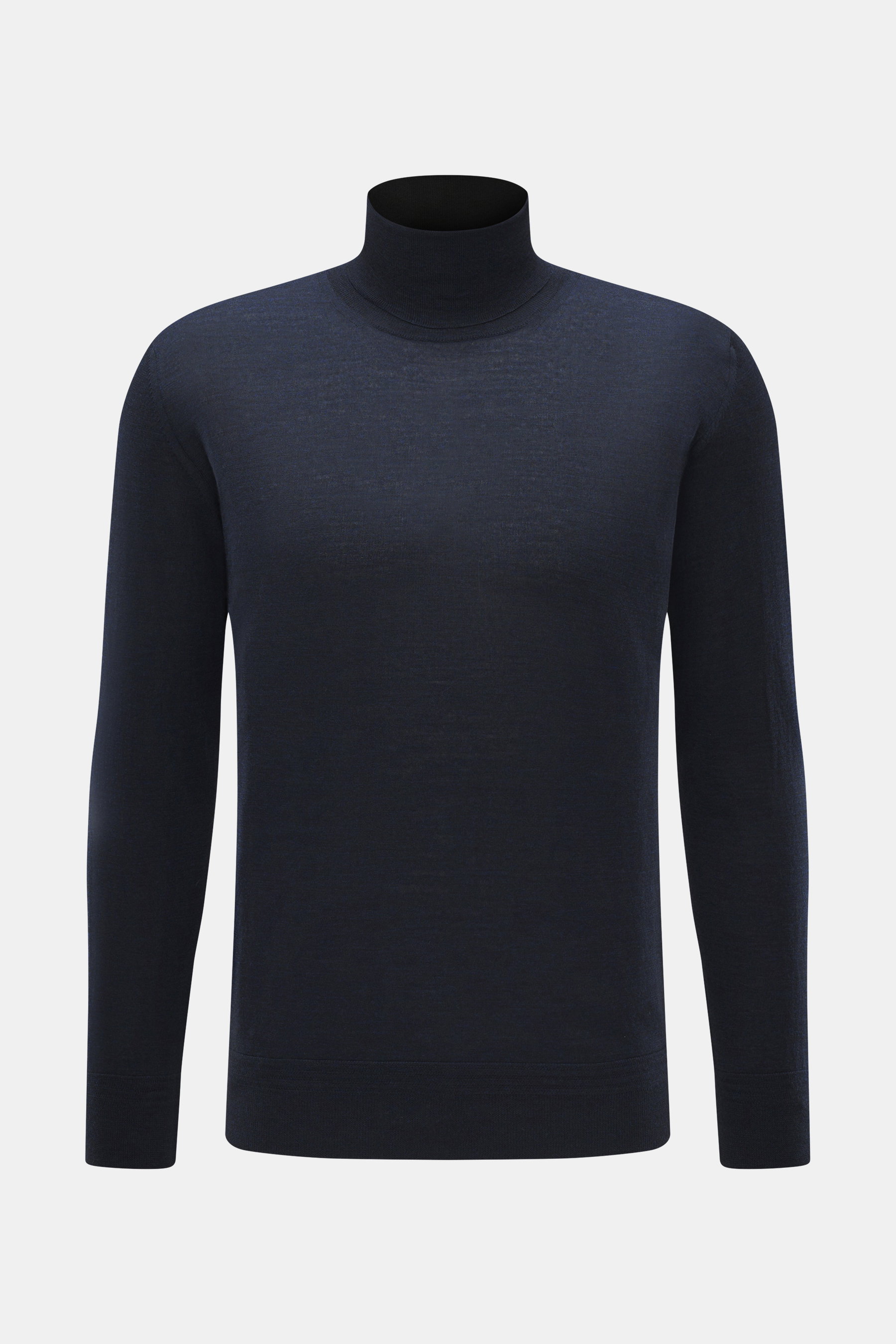 Front view of Barena Venezia Merino Fine Knit Turtleneck Sweater navy melange, fine knit made of soft merino wool, soft touch, very fine knit pattern, extra slim fit, fitted turtleneck, decorative knit trim on cuff.