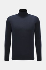 Frontale Nahaufnahme des Barena Venezia Merino Feinstrick-Rollkragenpullovers navy meliert, Extra Slim Fit, weicher Griff, sehr feines Strickbild, anliegender Rollkragen, dekorative Strickborte am Bündchen, Feinstrick aus softer Merinowolle.