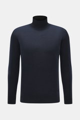 Frontale Nahaufnahme des Barena Venezia Merino Feinstrick-Rollkragenpullovers navy meliert, Extra Slim Fit, weicher Griff, sehr feines Strickbild, anliegender Rollkragen, dekorative Strickborte am Bündchen, Feinstrick aus softer Merinowolle.
