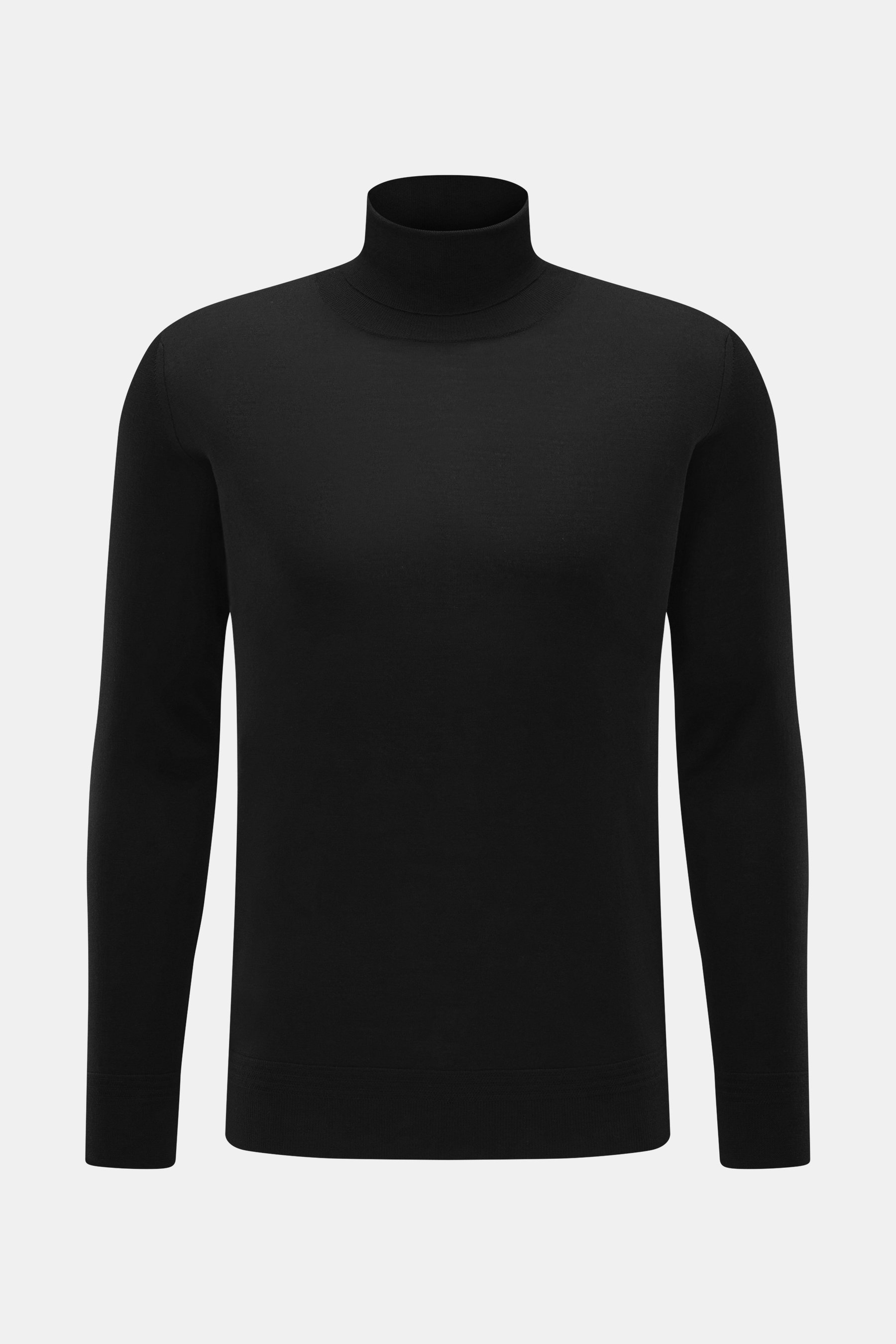 Front view of Barena Venezia Merino Fine Knit Turtleneck Sweater Black, fine knit soft merino wool, soft touch, very fine knit pattern, extra slim fit, fitted turtleneck, decorative knit trim on cuffs.