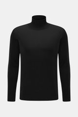 Front view of Barena Venezia Merino Fine Knit Turtleneck Sweater Black, fine knit soft merino wool, soft touch, very fine knit pattern, extra slim fit, fitted turtleneck, decorative knit trim on cuffs.