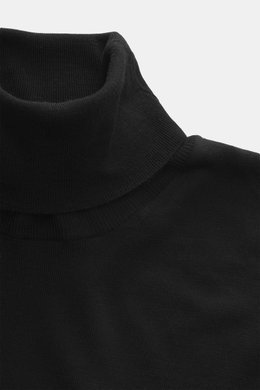 Close-up front view of the Barena Venezia Merino Fine Knit Turtleneck Sweater Black, featuring fine knit of soft merino wool, soft touch, very fine knit pattern, extra slim fit, fitted turtleneck, and decorative knit trim on the cuff.