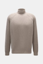 Allude Mock Neck Pullover beige meliert, Frontalaufnahme, Mix aus Wolle und Cashmere, weicher Griff, mittelgrobes Strickbild, Patent-Strickmuster, Regular Fit, Stehkragen, Raglan-Ärmel, komfortable Rippbündchen.
