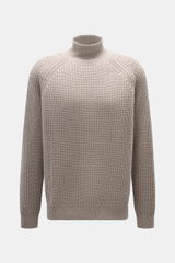 Allude Mock Neck Pullover beige meliert, Frontalaufnahme, Mix aus Wolle und Cashmere, weicher Griff, mittelgrobes Strickbild, Patent-Strickmuster, Regular Fit, Stehkragen, Raglan-Ärmel, komfortable Rippbündchen.