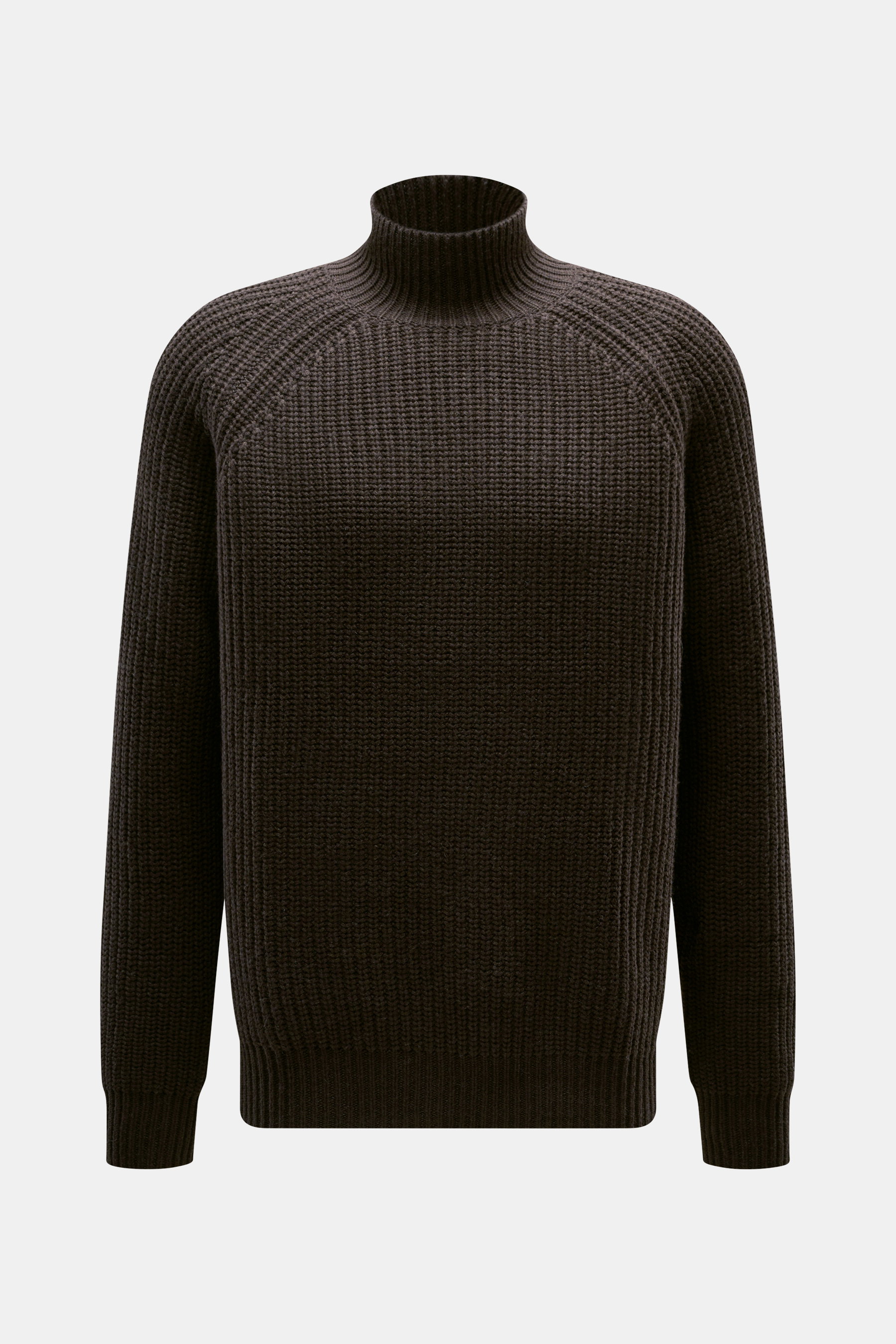 Allude Mock Neck Pullover dunkelbraun, frontal fotografiert, Mix aus Wolle und Cashmere, weicher Griff, mittelgrobes Strickbild, Patent-Strickmuster, Regular Fit, Stehkragen, Raglan-Ärmel, komfortable Rippbündchen.