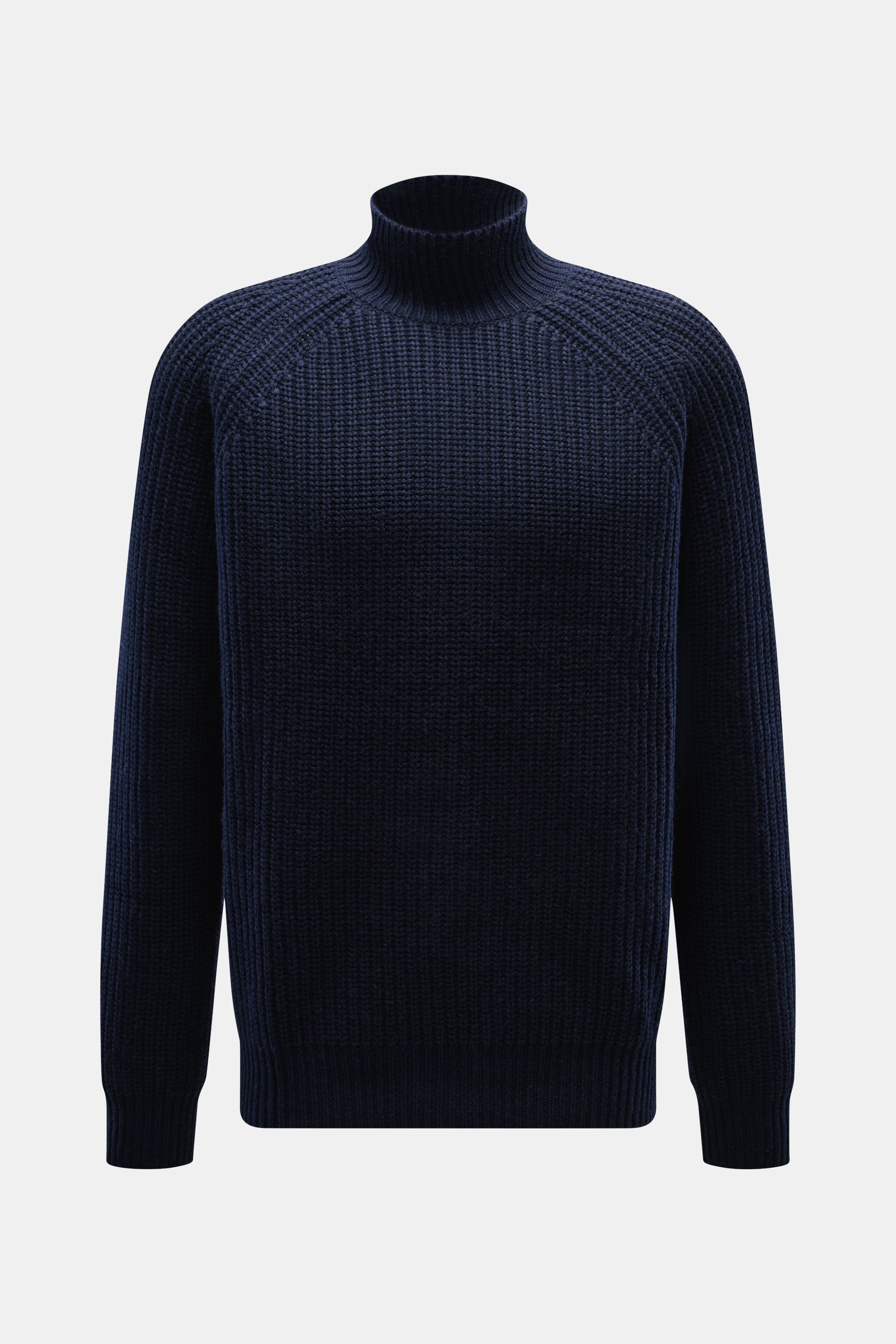 Allude Mock Neck Pullover navy, frontal fotografiert, mittelgrober Patent-Strick, Stehkragen, Raglan-Ärmel, Rippbündchen, Wolle-Cashmere-Mix, weich, Regular Fit.