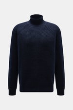 Allude Mock Neck Pullover navy, frontal fotografiert, mittelgrober Patent-Strick, Stehkragen, Raglan-Ärmel, Rippbündchen, Wolle-Cashmere-Mix, weich, Regular Fit.