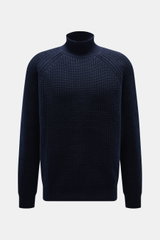 Allude Mock Neck Pullover navy, frontal fotografiert, mittelgrober Patent-Strick, Stehkragen, Raglan-Ärmel, Rippbündchen, Wolle-Cashmere-Mix, weich, Regular Fit.