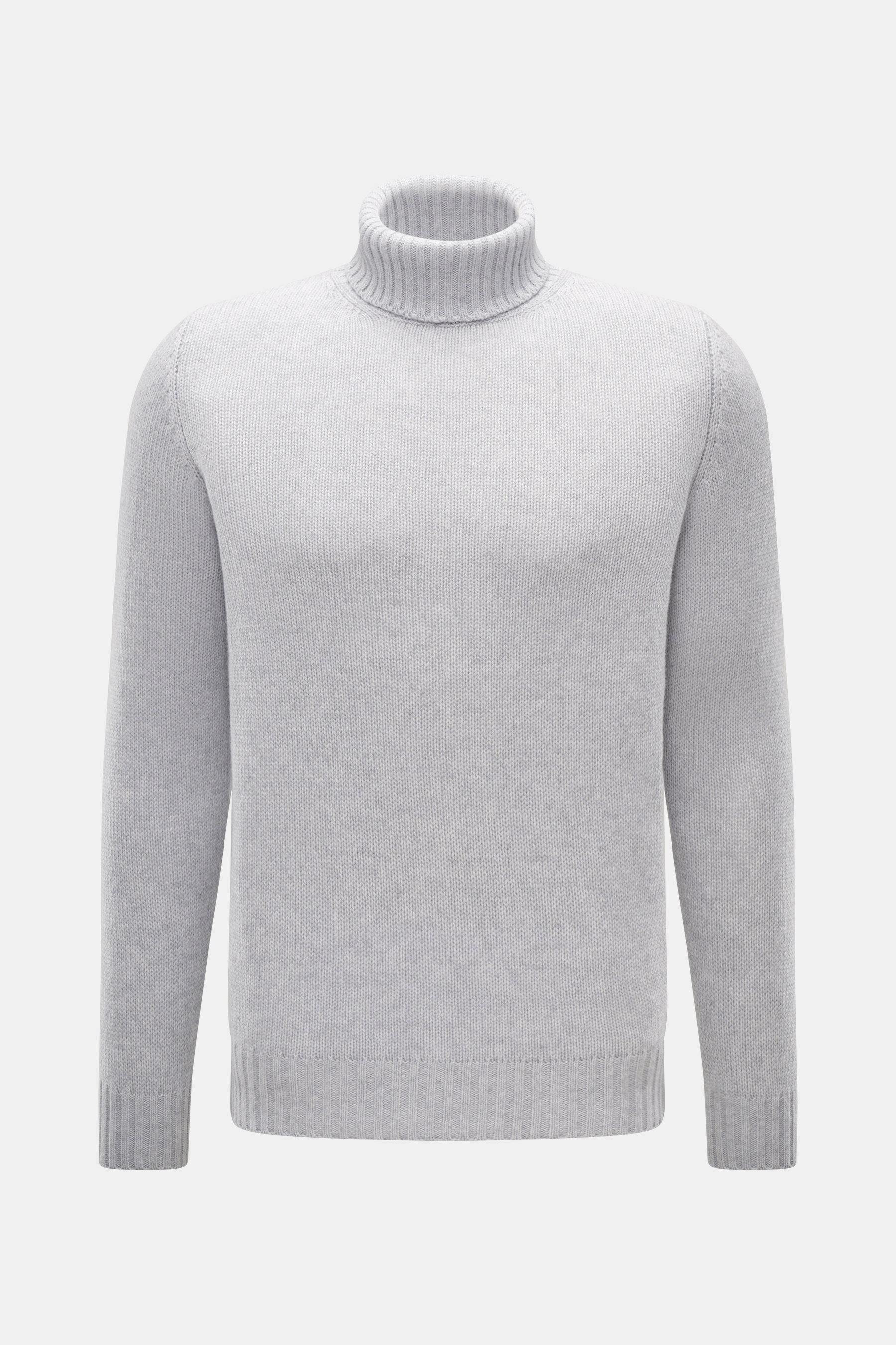 Bruno Manetti Cashmere turtleneck jumper light grey melange shown from the front in slim fit, medium-fine knit, pure cashmere, soft feel, with ribbed bands and close-fitting turtleneck. A timeless winter essential, comfortable and luxurious.