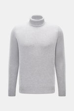 Bruno Manetti Cashmere turtleneck jumper light grey melange shown from the front in slim fit, medium-fine knit, pure cashmere, soft feel, with ribbed bands and close-fitting turtleneck. A timeless winter essential, comfortable and luxurious.