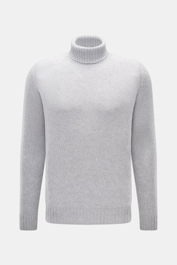 Bruno Manetti Cashmere turtleneck jumper light grey melange shown from the front in slim fit, medium-fine knit, pure cashmere, soft feel, with ribbed bands and close-fitting turtleneck. A timeless winter essential, comfortable and luxurious.