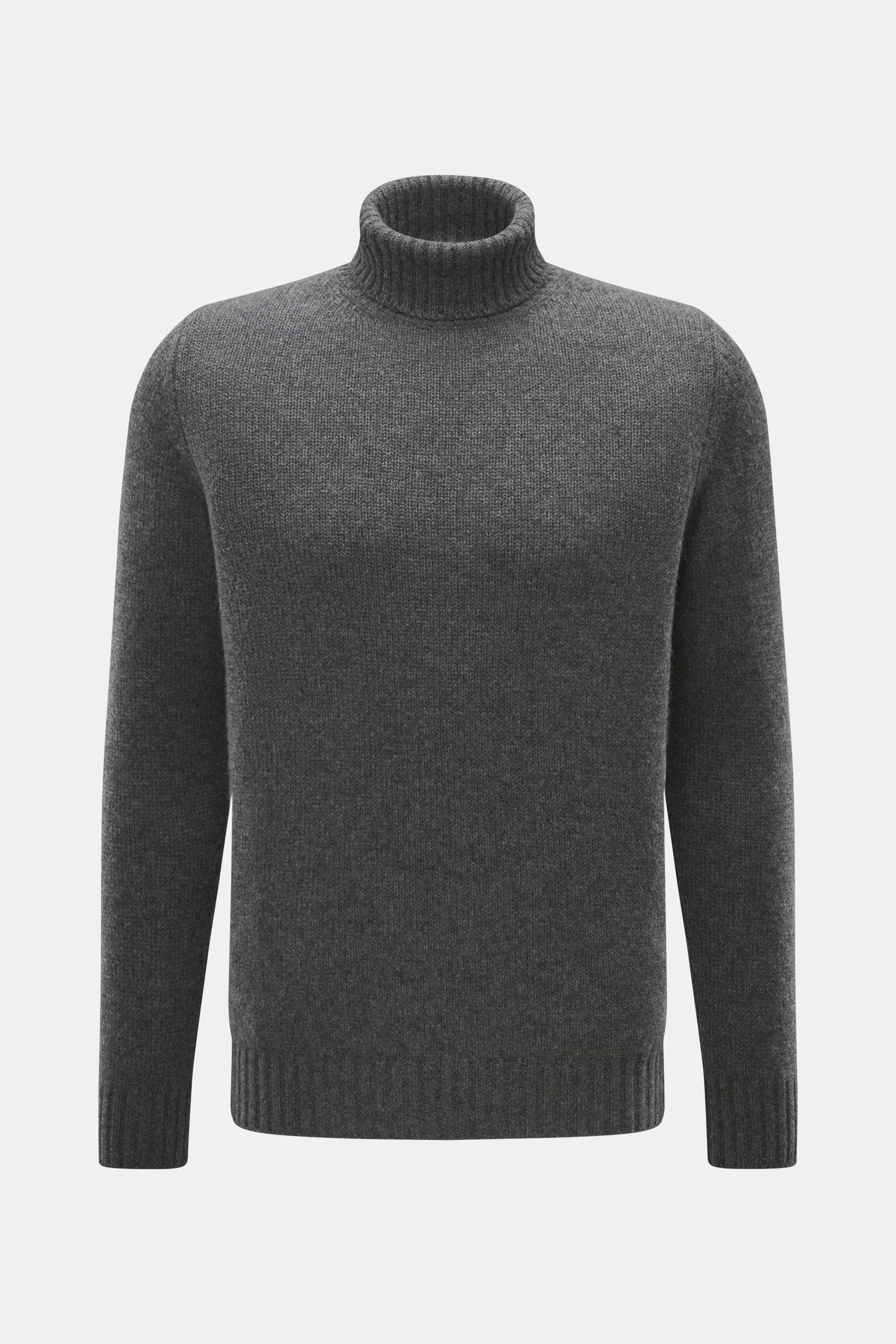 Front view of Bruno Manetti Cashmere turtleneck jumper dark grey melange, showcasing medium-fine knit, slim fit, and ribbed bands.

Description:  
<p>A timeless winter essential: This elegant turtleneck jumper by BRUNO MANETTI keeps you warm with its comf