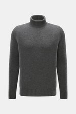 Bruno Manetti Cashmere Rollkragenpullover dunkelgrau meliert, frontale Nahaufnahme, Slim Fit, weicher Griff, 100% Cashmere, mittelfeines Strickbild, Rippbündchen.