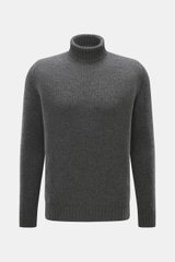 Bruno Manetti Cashmere Rollkragenpullover dunkelgrau meliert, frontale Nahaufnahme, Slim Fit, weicher Griff, 100% Cashmere, mittelfeines Strickbild, Rippbündchen.